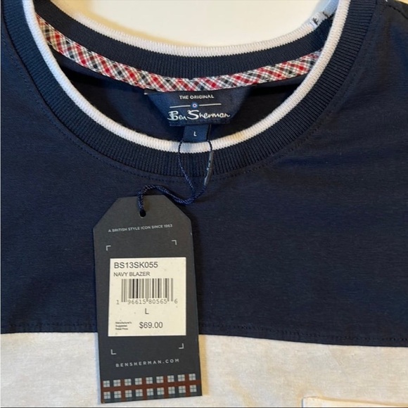 Ben Sherman Large Tee Shirt Crew Patch Pocket Blue White Stripe Navy Blue NWT - Picture 3 of 11